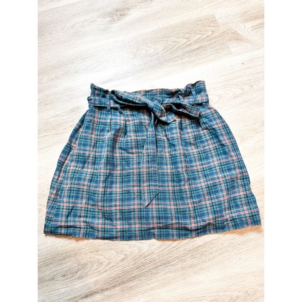 American Eagle Plaid Paperbag Skirt Teal Green Womens Small Belted Mini Skirt
